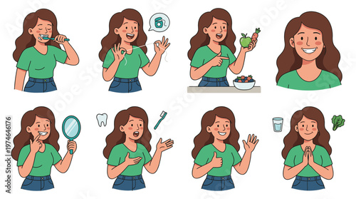 Woman's Daily Oral Hygiene Routine Character Set Healthy Dental Care and Lifestyle Activities
