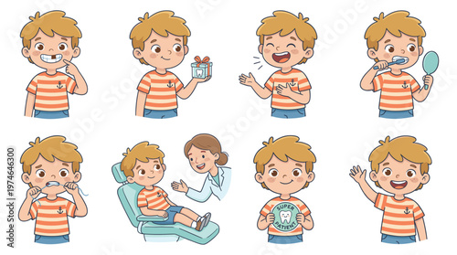 Cute Cartoon Boy Character Set Dental Care, Healthcare, and Medical Poses & Activities Collection for Kids