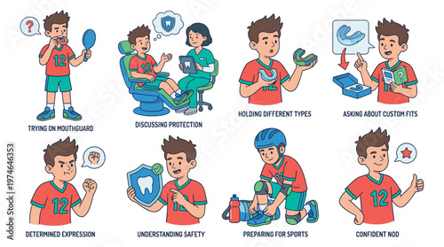 Character Set Showcasing Dental Care, Mouthguard Protection, and Sports Safety Activities for Kids