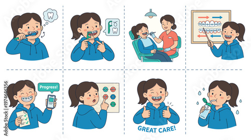 Comprehensive dental care character set illustrating healthcare, oral hygiene, and medical poses