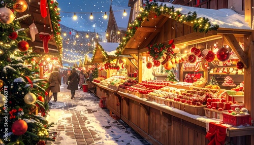 Festive holiday market stalls aglow with Christmas lights on a snowy street, warm colors