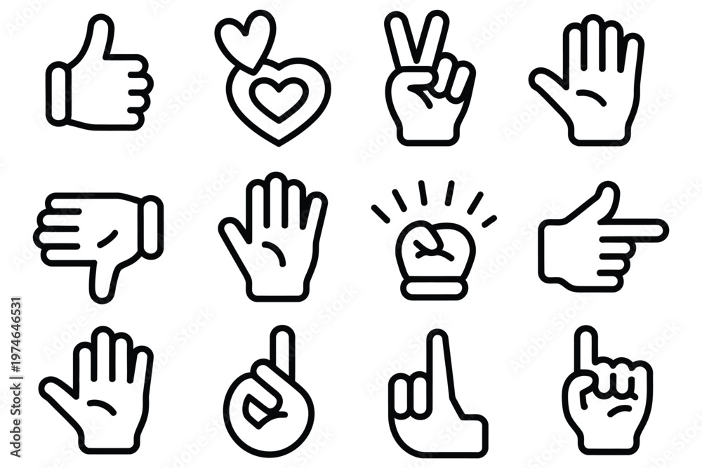 Fototapeta premium hand gesture icon set outline style, including thumbs up, thumbs down, finger heart, peace sign, raised palm, fist bump, pointing finger, OK sign, clap hands, and clenched fist, vector illustration