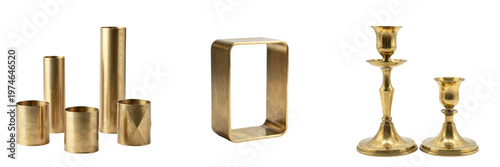 Collection of brass vases and candlesticks displayed on a white surface, featuring different shapes and textures suitable for decorative purposes