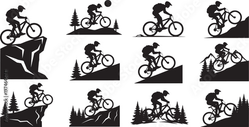 Dynamic Mountain Biking Silhouettes Collection Thrilling Off-Road Adventures and Extreme Sports Vector Art Set for Outdoor Enthusiasts and Active Lifestyles
