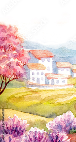 Watercolor painting. Road to the village.