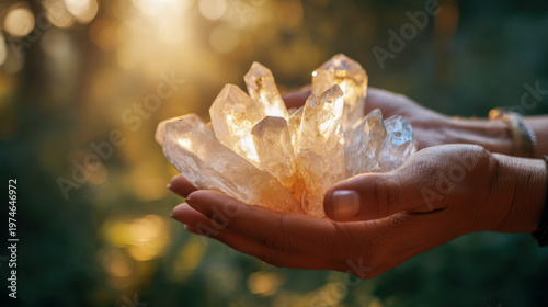 Hands holding glowing natural crystal cluster for healing