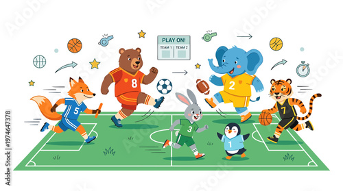 Cute cartoon animals playing sports on a field, including soccer, basketball, and football.