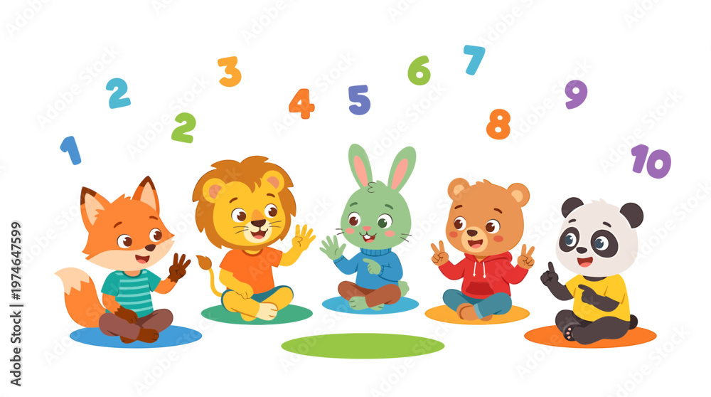 Obraz premium Cute cartoon animals with numbers, educational concept for kids, learning math