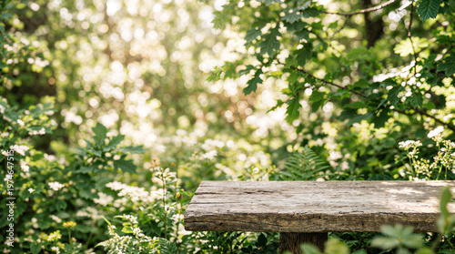 Wooden table in green garden bokeh background, natural summer product display