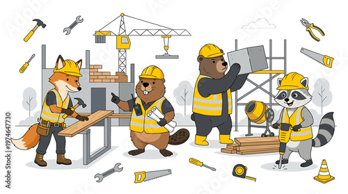 Cute cartoon animals working on construction site, building and construction concept