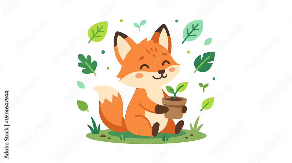 Fototapeta premium Cute cartoon fox holding a potted plant, surrounded by green leaves and grass