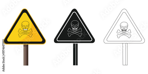 Warning Sign Trio: A set of triangular warning signs displaying a skull and crossbones symbol, a universal symbol for poison, representing danger and caution.