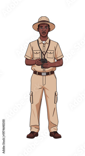 Black male park ranger standing with binoculars and smiling outdoors  