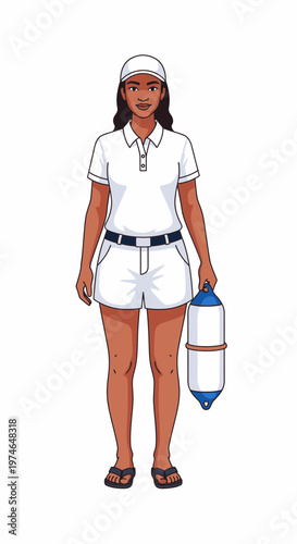 Young woman wearing white uniform holding a buoy in a summer setting  