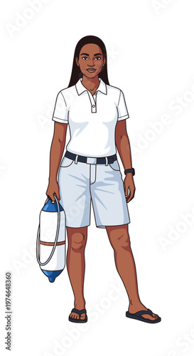 Young Black woman standing with lifebuoy on white background  
