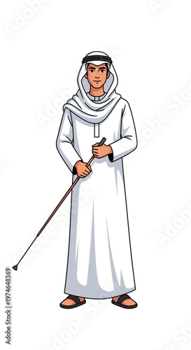 Lean Arab male in traditional attire holding a cane  