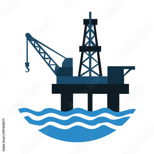 Oil Rig at Sea: A stylized representation of an offshore oil rig, a symbol of industry and energy exploration. Set against the backdrop of the open sea.
