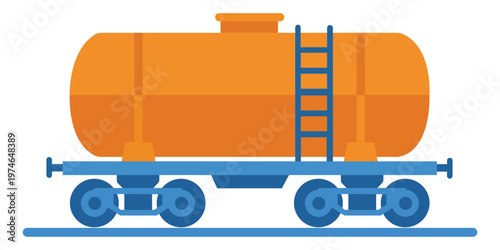 Industrial Tanker Car: An orange tanker car, designed for the secure transportation of fluids, stands still on tracks. A sturdy ladder provides access.
