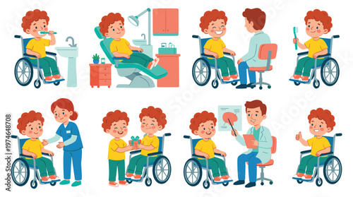 Character Set Child in Wheelchair Receiving Dental Care, Medical and Healthcare Activities