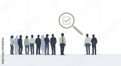 Group of Diverse Professionals Stand in Line with Magnifying Glass Circle