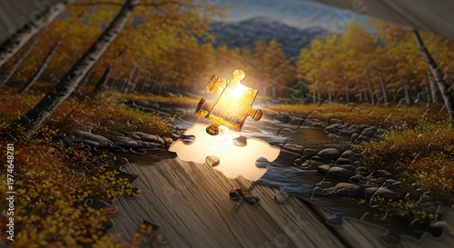 Golden Puzzle Piece Floating Over Autumn Forest Path