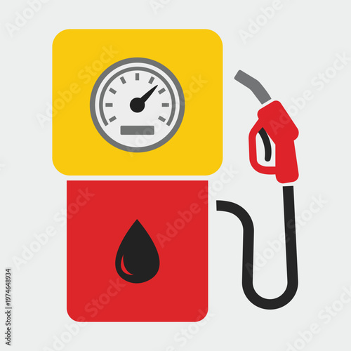 Fuel Pump Icon: A stylized illustration of a fuel pump, featuring a fuel nozzle, gauge and fuel drop, perfect for designs related to energy, automotive, or transportation.