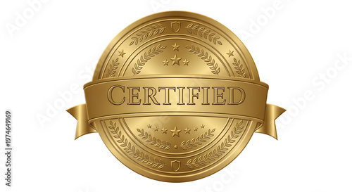Shiny gold certified badge with laurel wreath and stars on transparent background