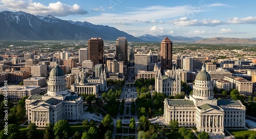 Aerial view of Salt Lake City downtown buildings and mountains.
