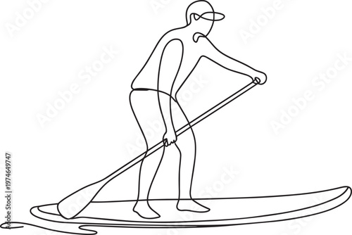 Man stand up paddleboarding on water, continuous line illustration in outline style