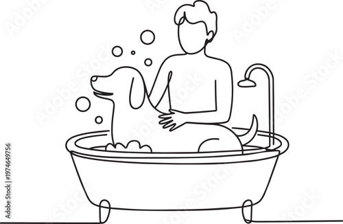 Person bathing a dog in a bathtub with bubbles and shower in outline style