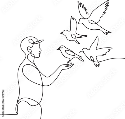 Person with open hand releasing four birds into the air in outline style for release and freedom