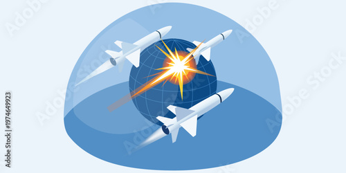 Global Shield: A conceptual illustration depicting a network of missiles encircling planet earth, symbolizing defense, protection, and futuristic security.
