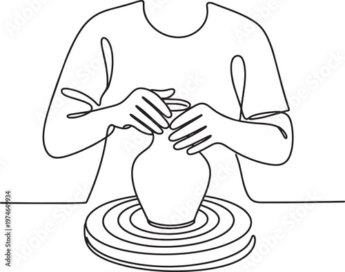 Potter creating a vase on a wheel with continuous line art in outline style for pottery and hands