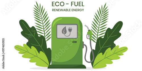 Eco-Fuel Station: A conceptual illustration depicting a green fuel pump, highlighting renewable energy and eco-friendliness through natural elements.