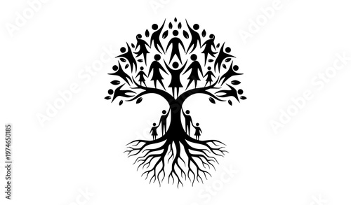 Tree of life with human figures forming branches symbol of family connection community and growth vector logo isolated