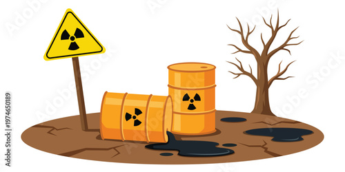Hazardous Materials: Symbol of danger, a visual warning of hazardous substances, featuring yellow barrels marked with radiation symbols.