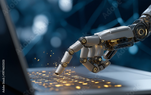 Robotic Hand Typing on Laptop with Digital Connections AI Technology Concept