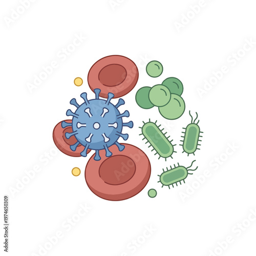 Illustration of bacteria and viruses among red blood cells simple symbol vector
