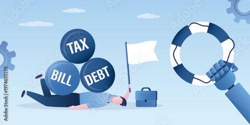Bankrupt businessman lies crushed under heavy weights of tax, bills, and debt while holds white flag. Robotic hand offers lifebuoy as symbol of technological support