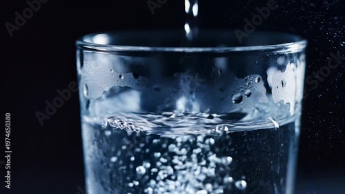 Macro Fresh Water Pouring into Glass with Bubbles and Condensation – Clean Hydration Concept
