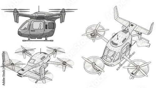Vector CAD design of helicopter models in various angles and styles