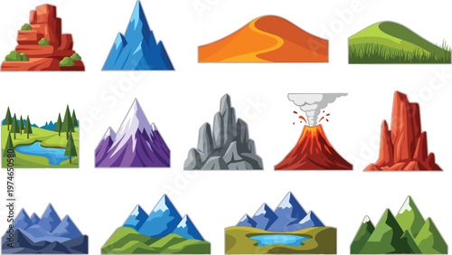 Mountain and Terrain Icons Set Featuring Rocky Peaks, Volcanic Eruptions, and Scenic Landscapes for Nature and Adventure Designs