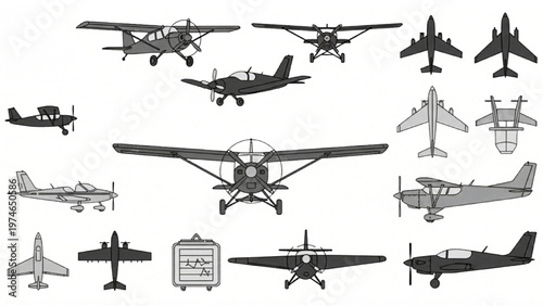 A collection of various vector CAD design aircraft and planes in different styles.