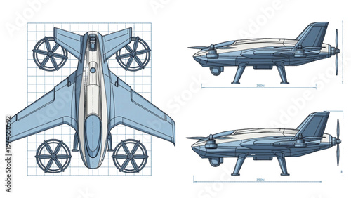 Vector CAD design of a futuristic airplane from multiple angles