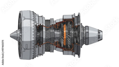 Detailed vector CAD design of a jet engine's internal mechanics