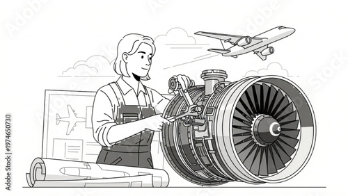 Mechanic working on jet engine with vector CAD design tools nearby