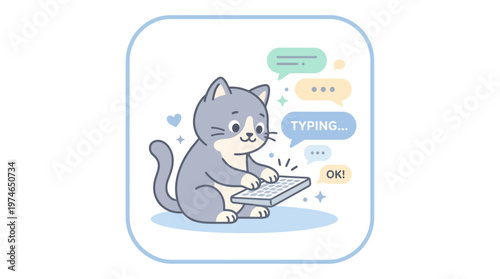 Cute Cat Typing on Keyboard, Chatting Online, Digital Communication Concept