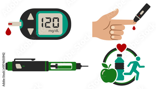 Diabetes blood sugar monitoring set with glucometer, finger prick test, insulin pen and healthy lifestyle icons Flat vector illustration