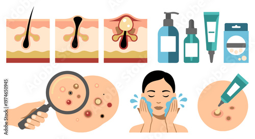 Acne and pimple skincare treatment set with skin layers, cleansing routine, serum, cream and blemish care icons Flat vector illustration