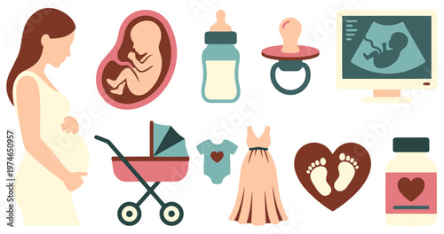 Pregnancy and newborn baby care icon set with pregnant woman, fetus, feeding bottle, pacifier, stroller and ultrasound Flat vector illustration